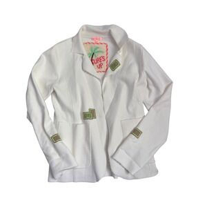 Lisa Todd Summer Blazin White Knit Blazer Cotton Stretch Embroidered Patch Small